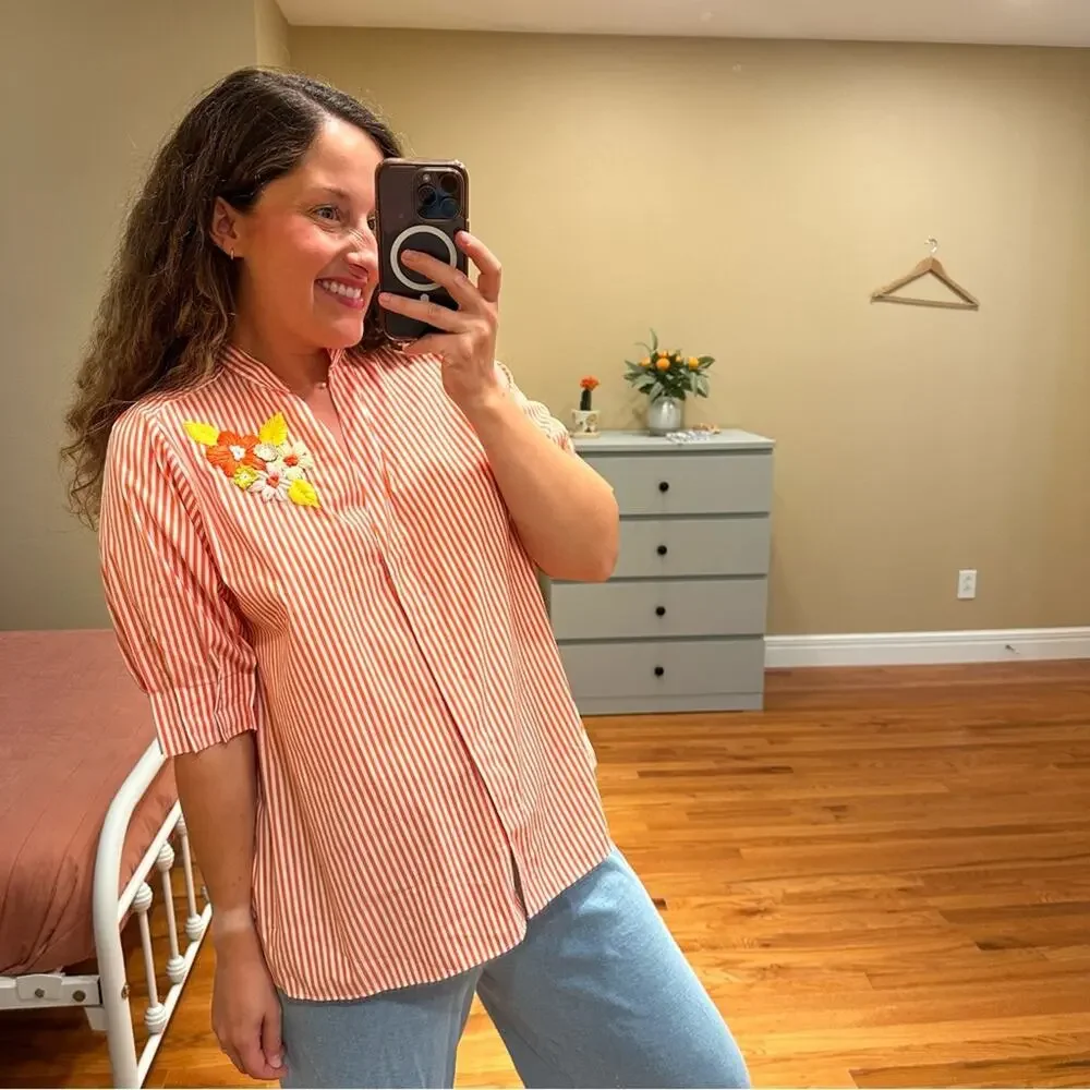 NWT Tuckernuck Le Sarte Pettegole Orange Striped Floral Top Medium - Picture 2 of 12